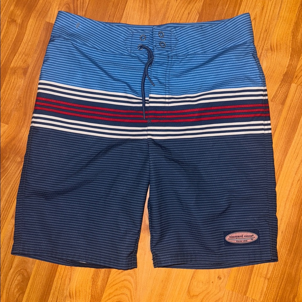 Vineyard vines boys color block stripe blue swim trunk shorts M